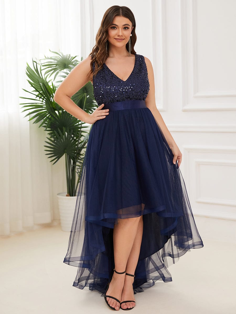 Sequin Bodice Tulle High-Low Evening Dress with Ribbon Waist #color_Navy Blue