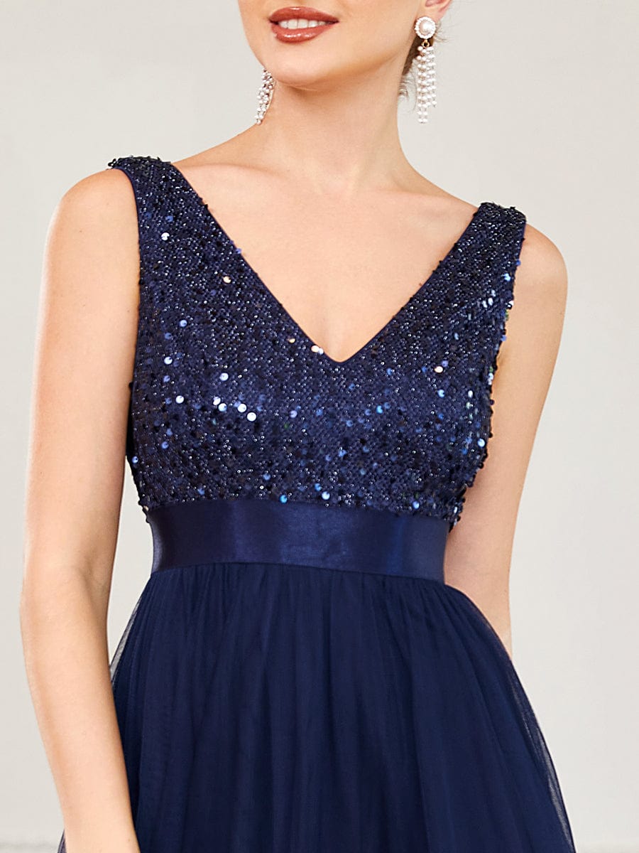 Sequin Bodice Tulle High-Low Evening Dress with Ribbon Waist #color_Navy Blue