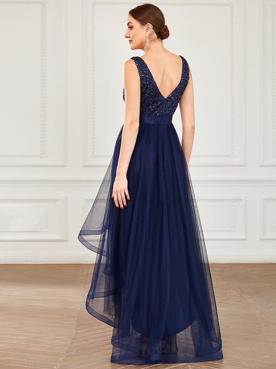 Sequin Bodice Tulle High-Low Evening Dress with Ribbon Waist #color_Navy Blue