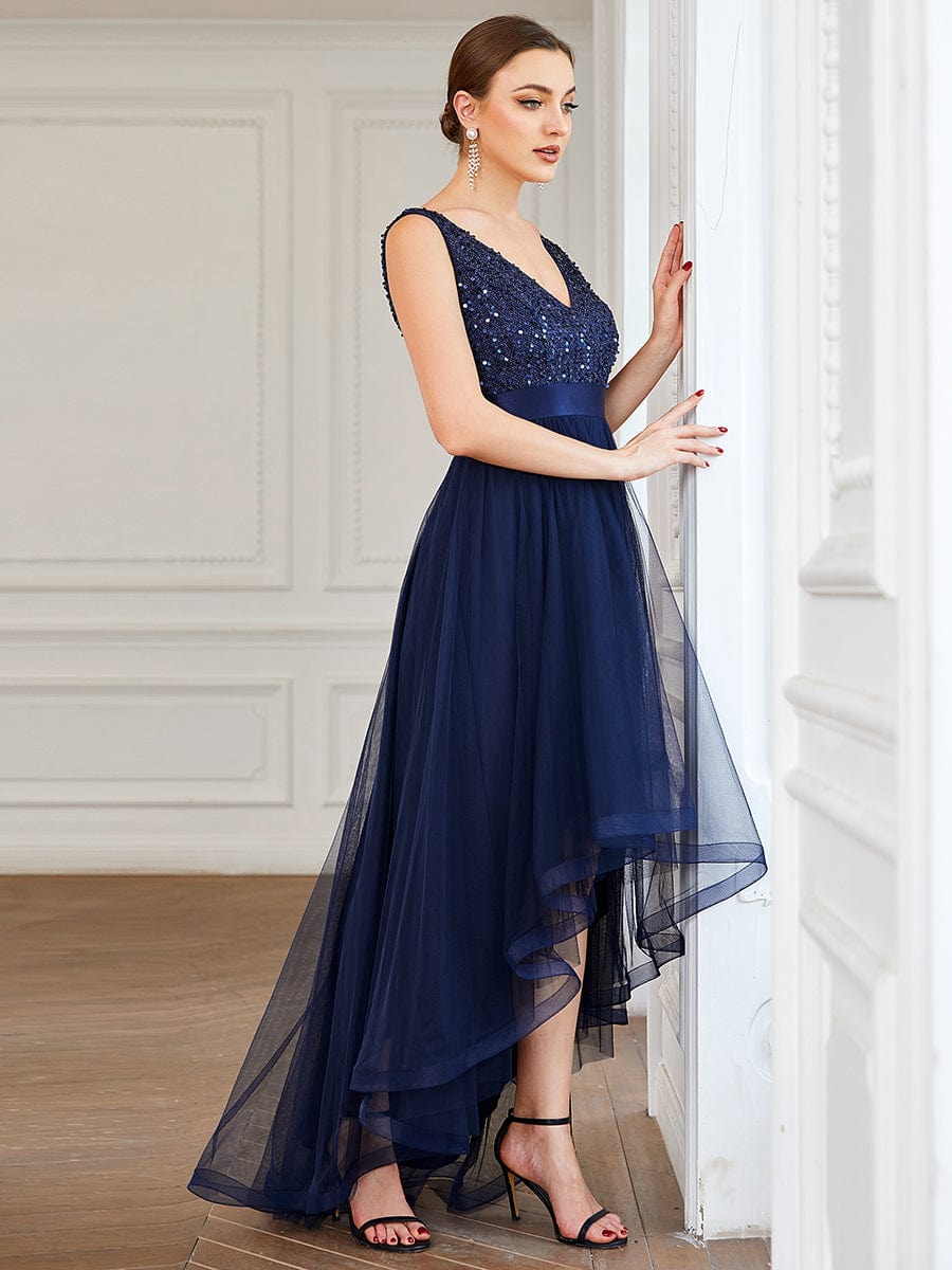 Sequin Bodice Tulle High-Low Evening Dress with Ribbon Waist #color_Navy Blue