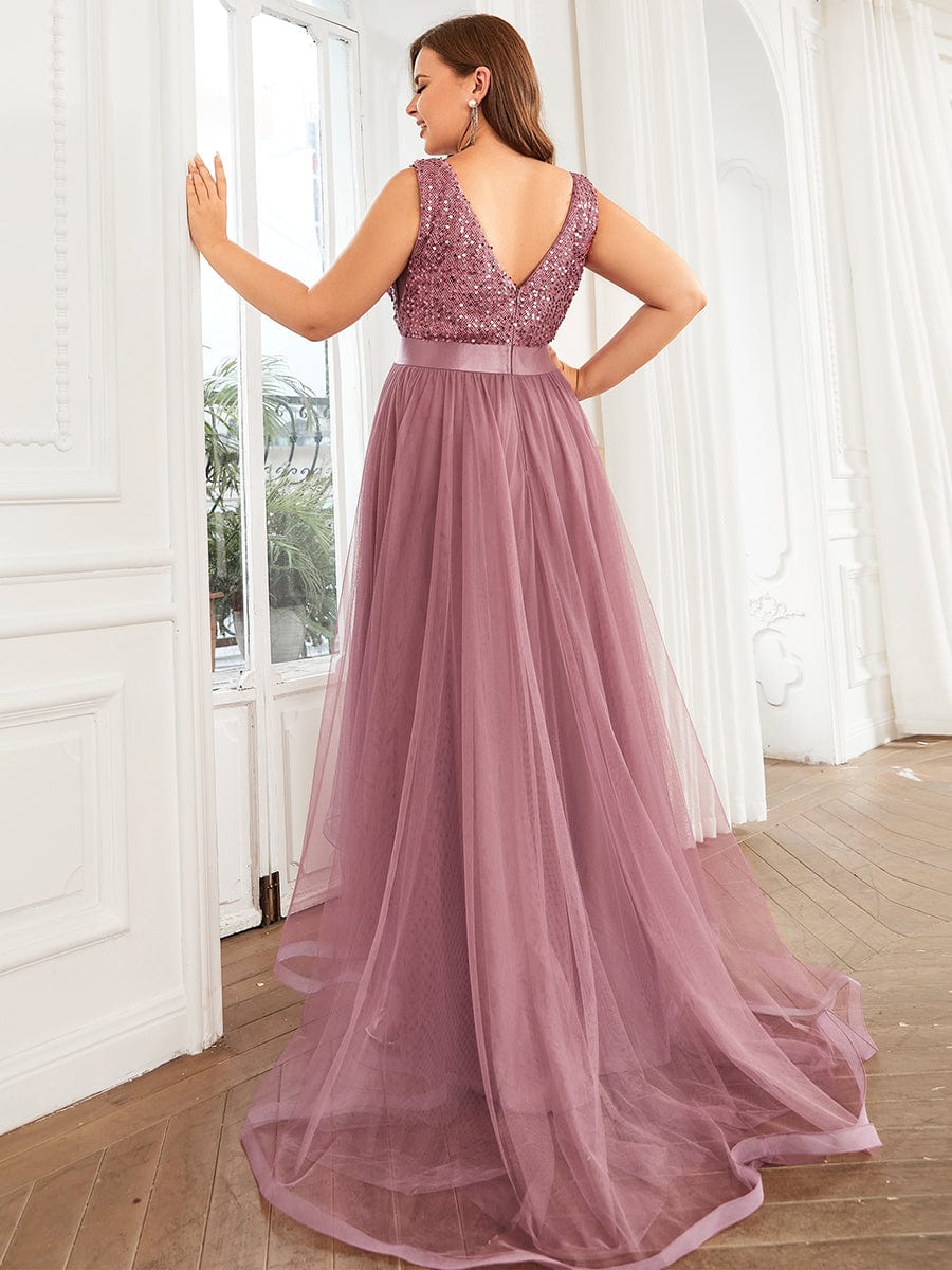 Custom Size Sequin Sleeveless Ribbon Waist Tulle High Low Evening Dress #color_Purple Orchid