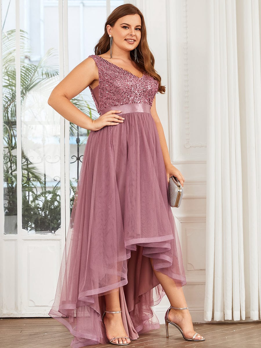 Custom Size Sequin Sleeveless Ribbon Waist Tulle High Low Evening Dress #color_Purple Orchid