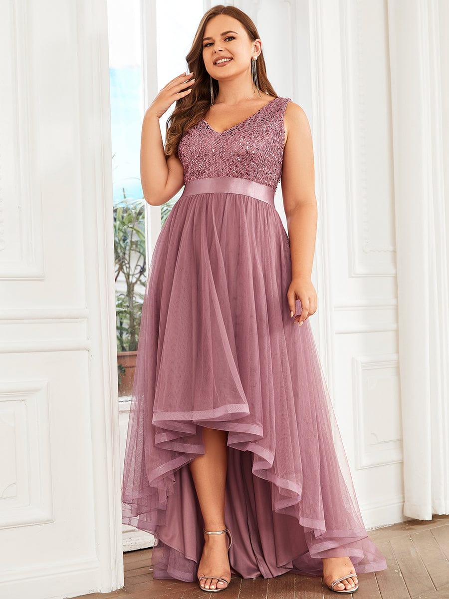 Sequin Bodice Tulle High-Low Evening Dress with Ribbon Waist #color_Purple Orchid