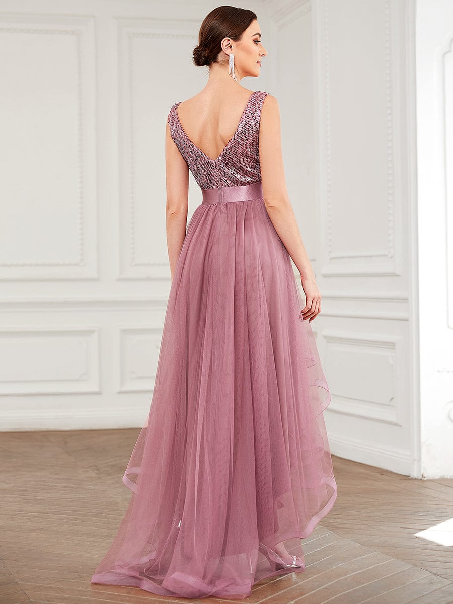 Sequin Bodice Tulle High-Low Evening Dress with Ribbon Waist #color_Purple Orchid