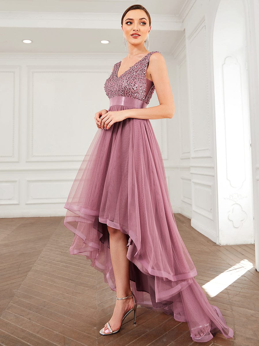 Sequin Bodice Tulle High-Low Evening Dress with Ribbon Waist #color_Purple Orchid