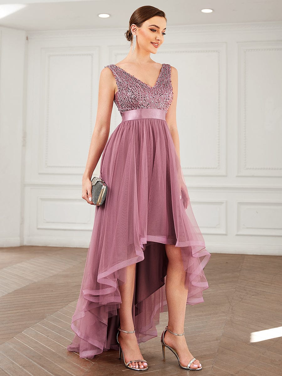 Sequin Bodice Tulle High-Low Evening Dress with Ribbon Waist #color_Purple Orchid