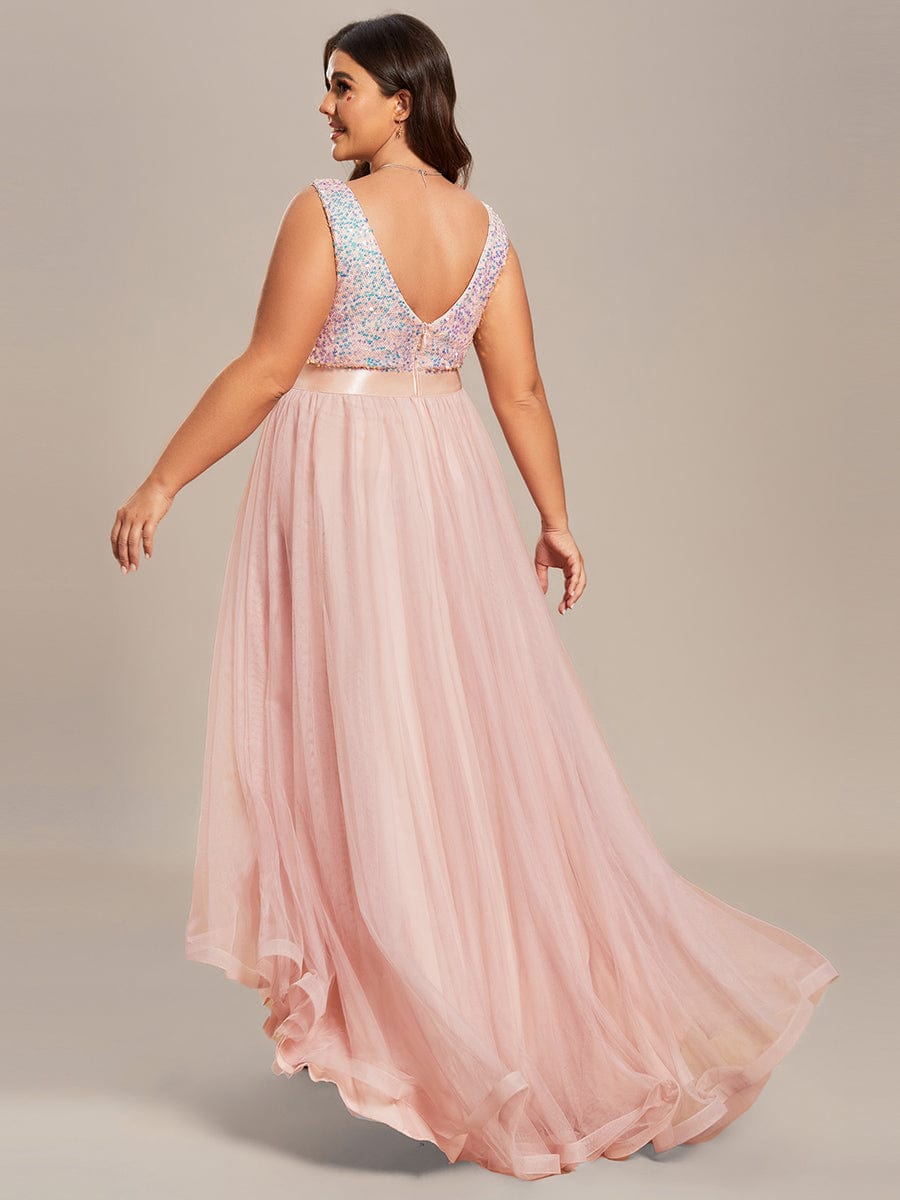 Sequin Bodice Tulle High-Low Evening Dress with Ribbon Waist #color_Pink