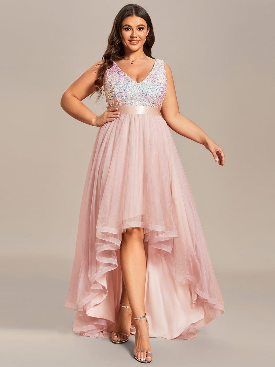 Sequin Bodice Tulle High-Low Evening Dress with Ribbon Waist #color_Pink