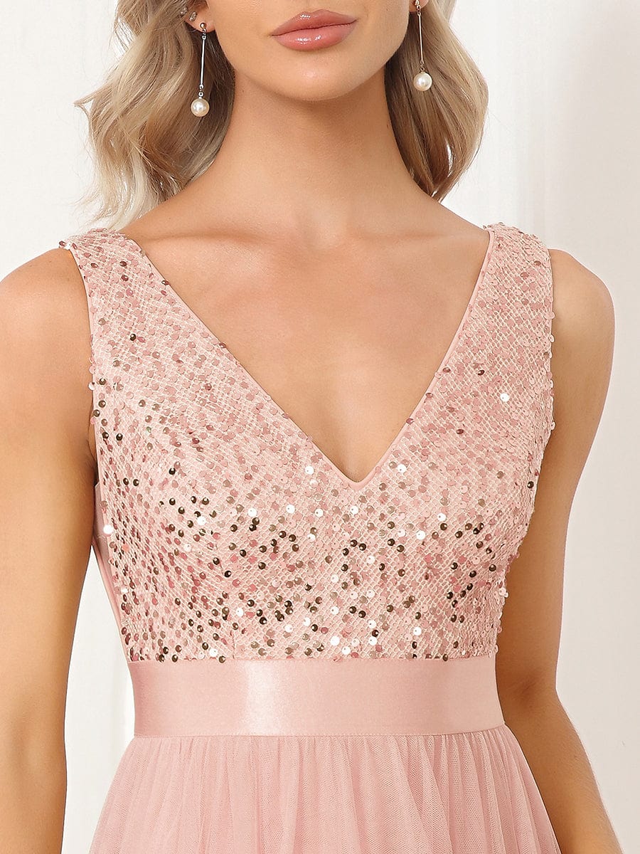 Sequin Bodice Tulle High-Low Evening Dress with Ribbon Waist #color_Pink