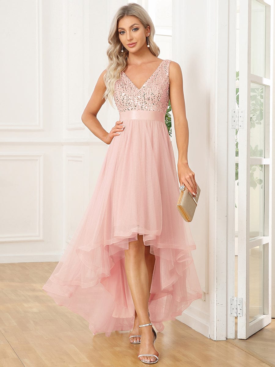 High Low Sequin Sleeveless Evening Dress with Flowy Tulle - Ever-Pretty US