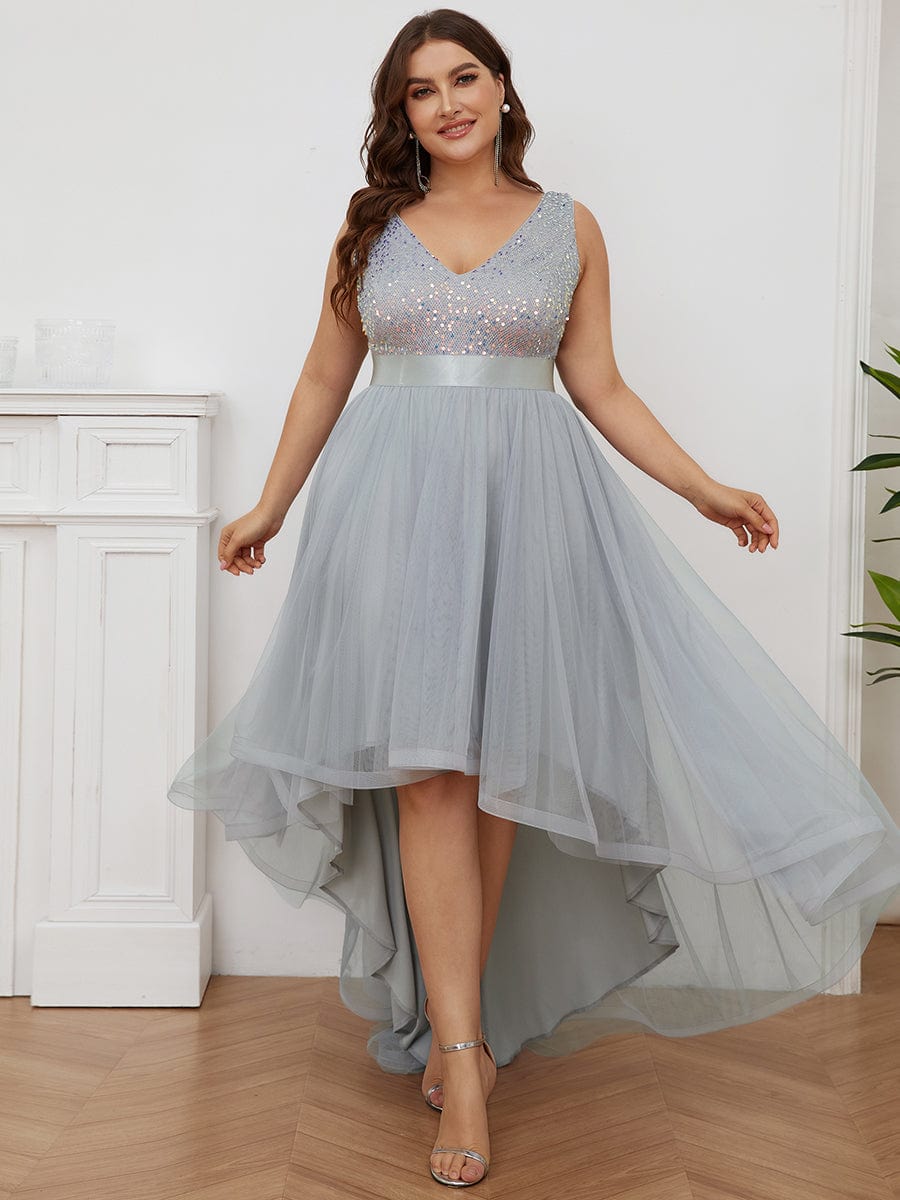 Sequin Bodice Tulle High-Low Evening Dress with Ribbon Waist #color_Silver