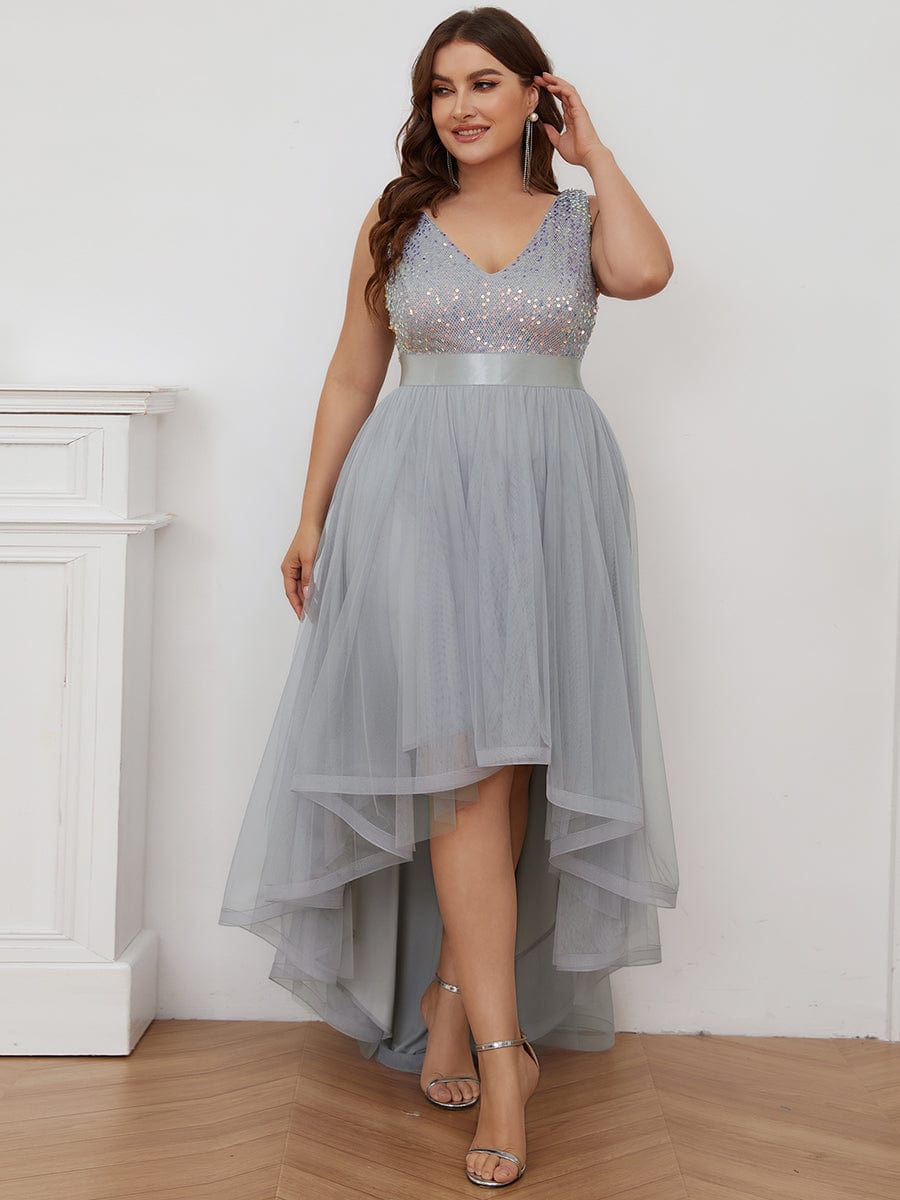 Sequin Bodice Tulle High-Low Evening Dress with Ribbon Waist #color_Silver