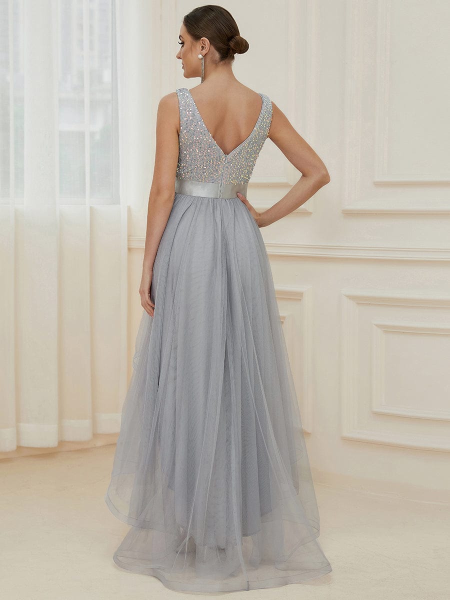 Sequin Bodice Tulle High-Low Evening Dress with Ribbon Waist #color_Silver