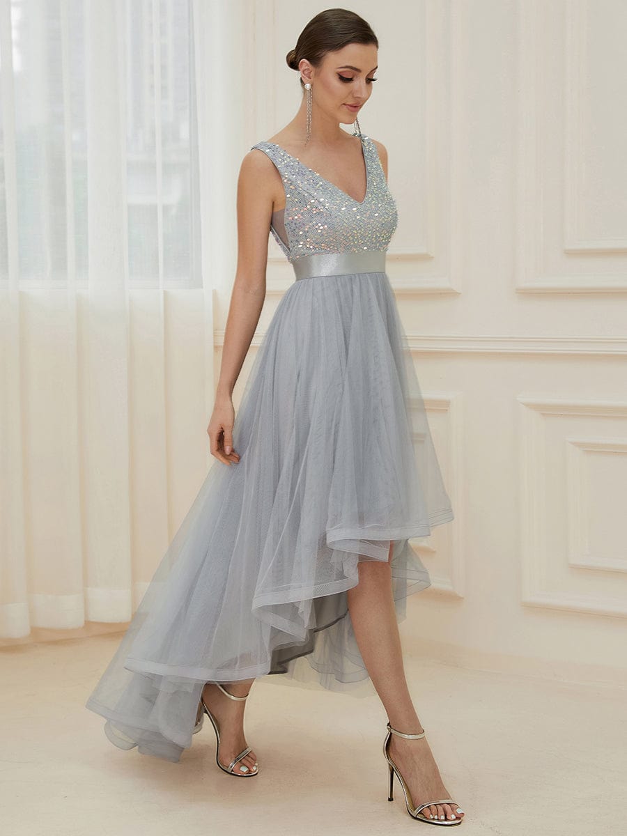 Sequin Bodice Tulle High-Low Evening Dress with Ribbon Waist #color_Silver