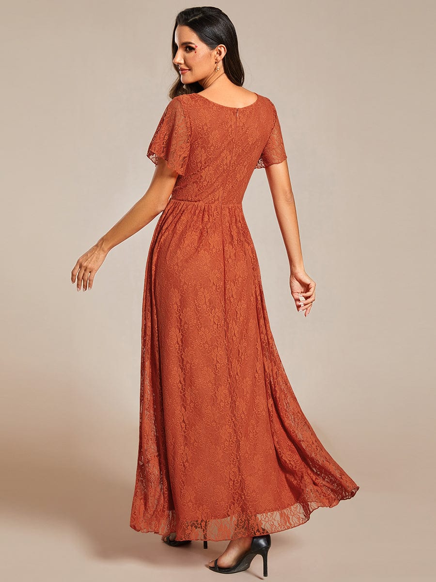 Pleated V-Neck Short Sleeve Ruffled Lace Evening Dress #color_Burnt Orange