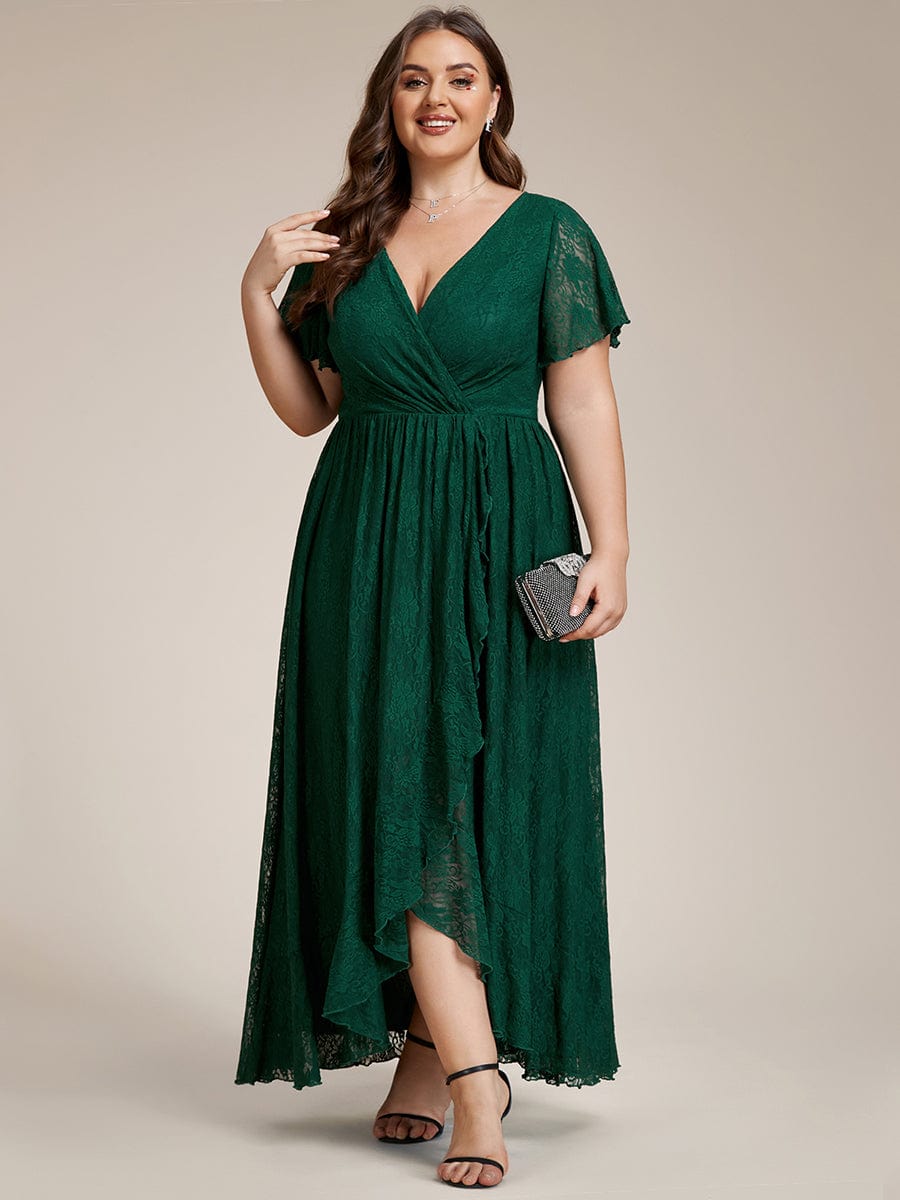Custom Size Short Sleeve Ruffled V-Neck A-Line Lace Evening Dress #color_Dark Green