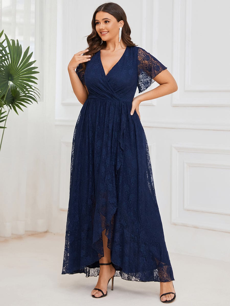 Custom Size Short Sleeve Ruffled V-Neck A-Line Lace Evening Dress #color_Navy Blue