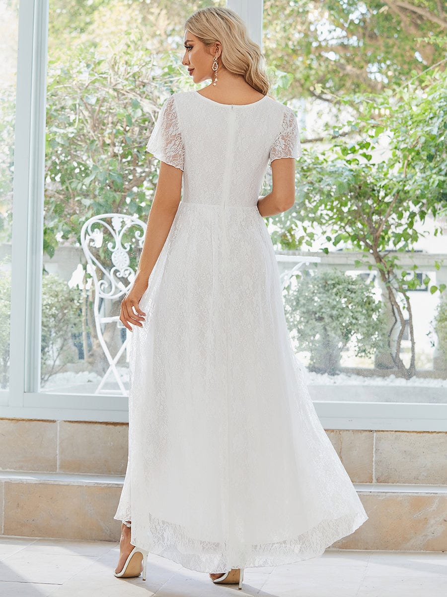 Pleated V-Neck Short Sleeve Ruffled Lace Evening Dress #color_White