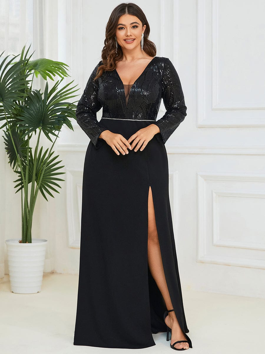 Sequin Long Sleeve V-Neck High Slit Evening Dress #Color_Black