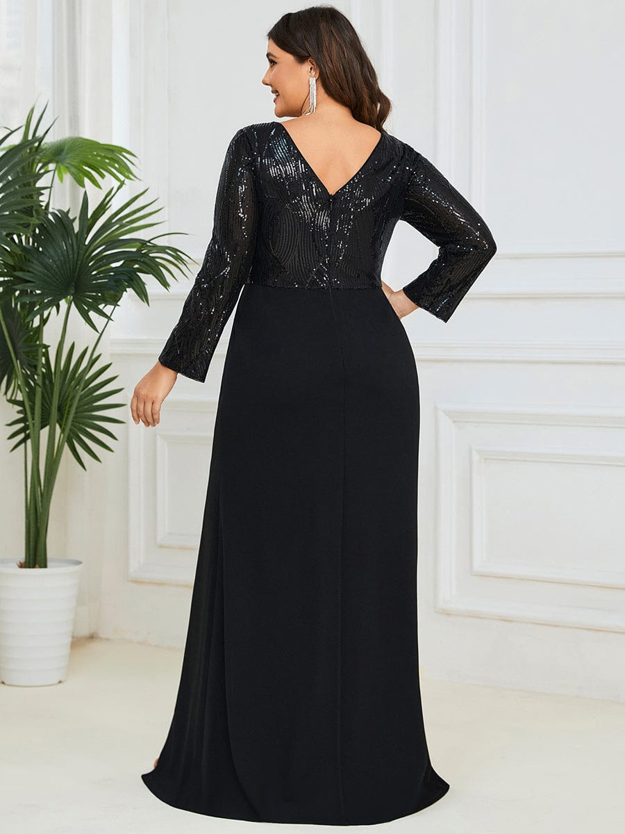 Sequin Long Sleeve V-Neck High Slit Evening Dress #Color_Black