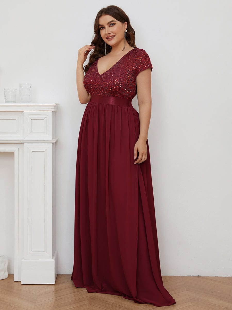 Plus Size Empire Waist V-Neck Cap Sleeve Chiffon Evening Dress #color_Burgundy