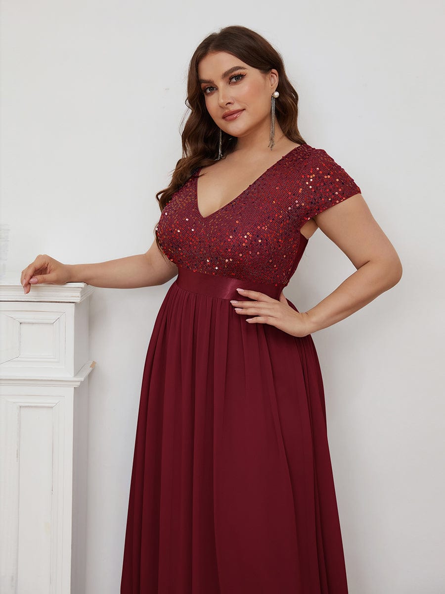 Sequin Capped Sleeve Empire Waist Pleated Plus Size Evening Dress -  Ever-Pretty US