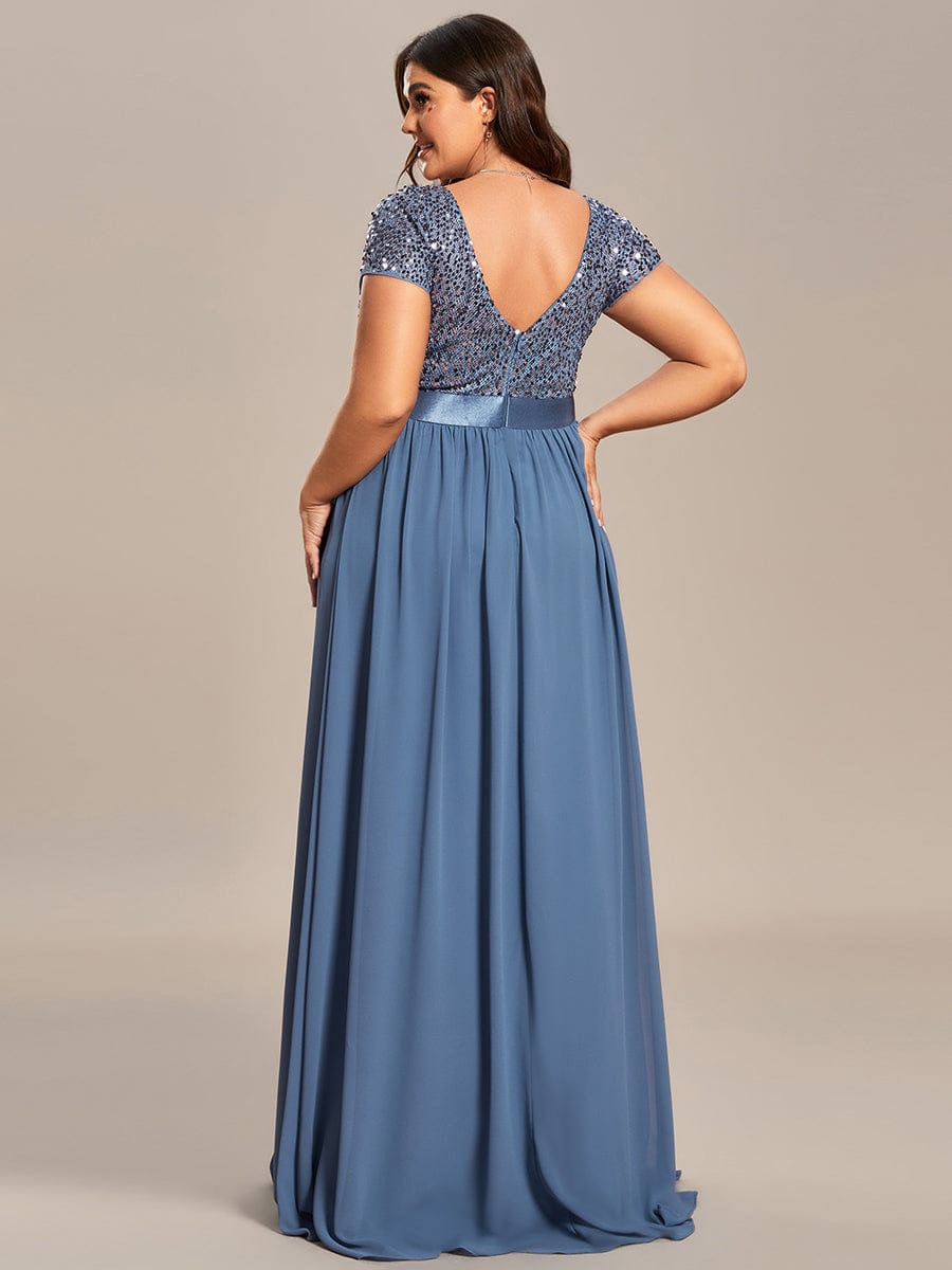 Plus Size Empire Waist V-Neck Cap Sleeve Chiffon Evening Dress #color_Dusty Blue