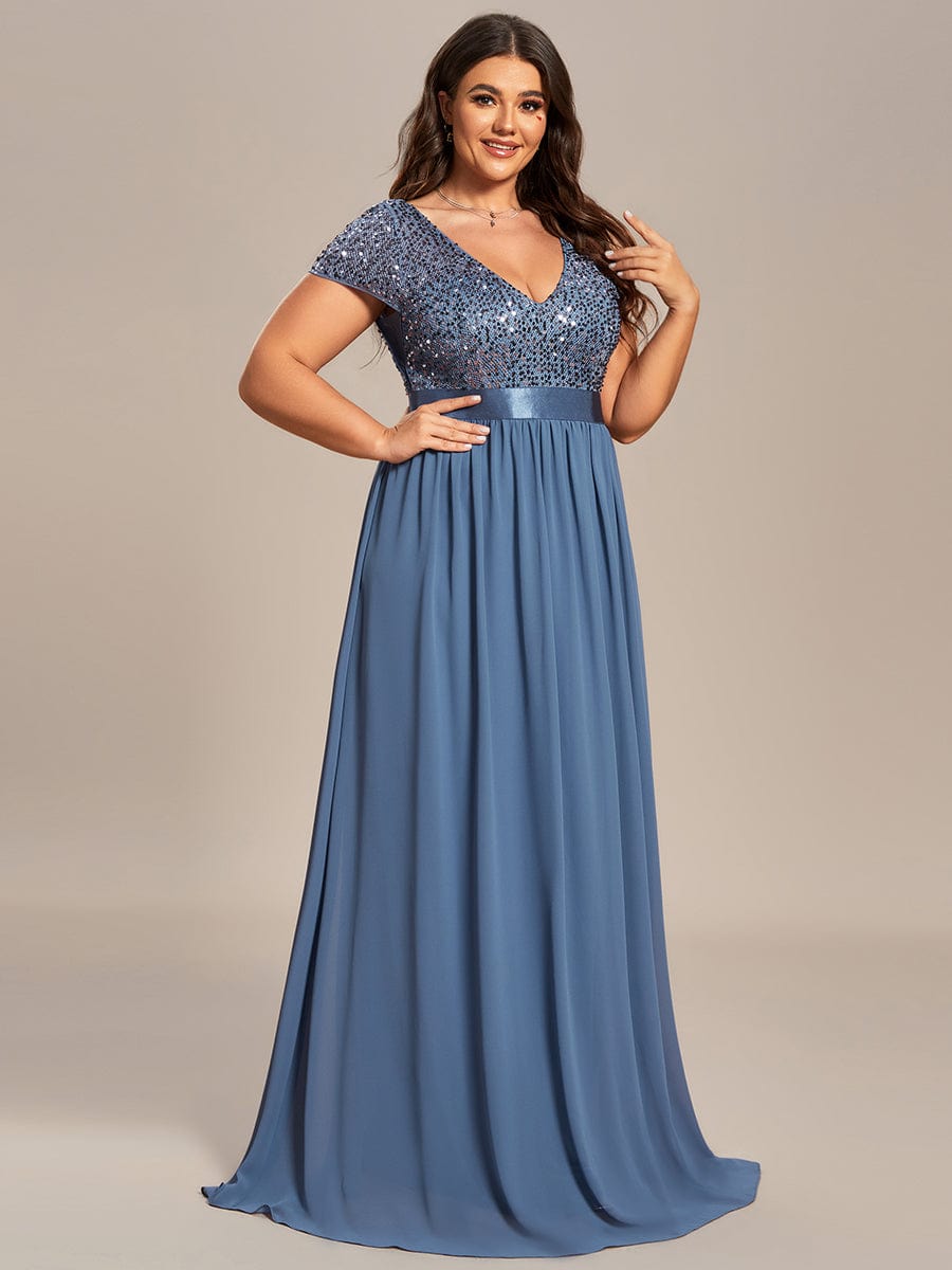 Plus Size Empire Waist V-Neck Cap Sleeve Chiffon Evening Dress #color_Dusty Navy