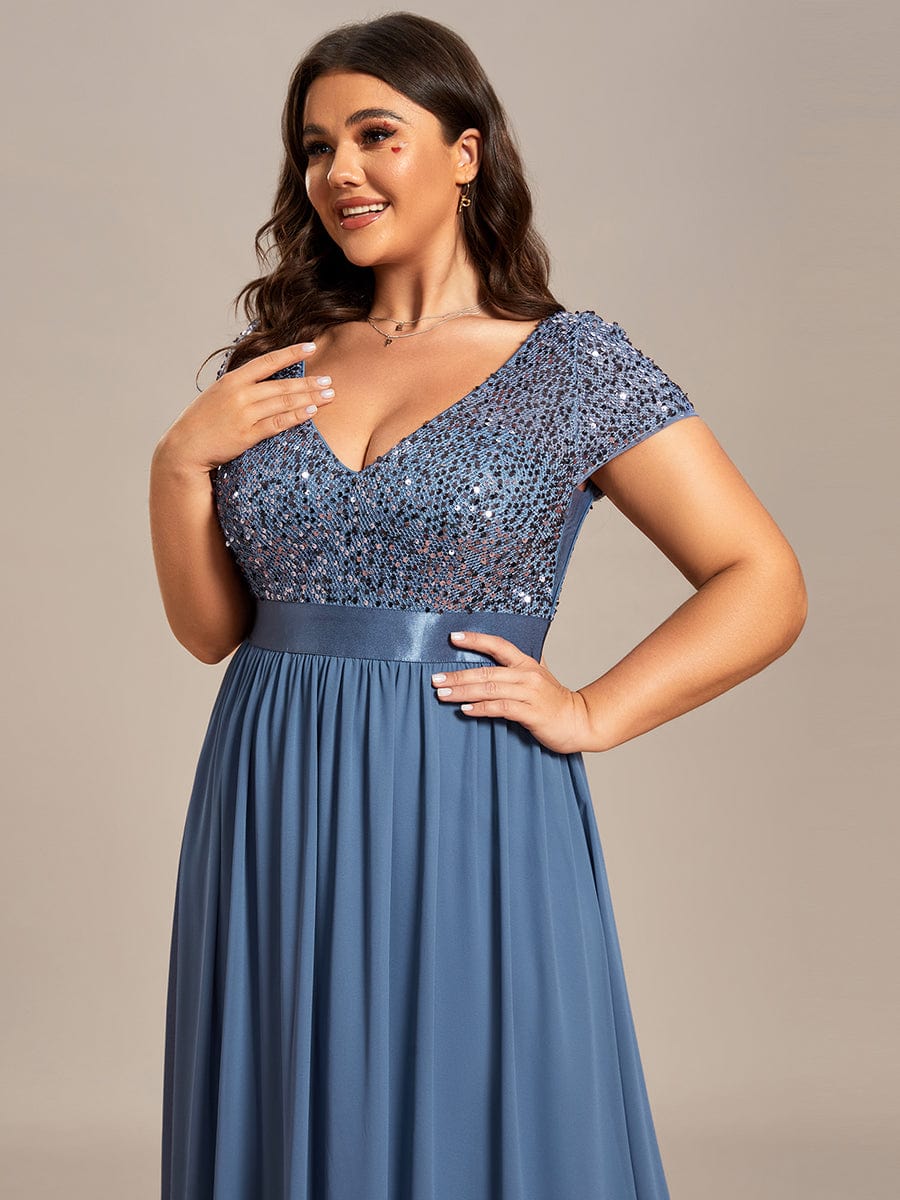 Plus Size Empire Waist V-Neck Cap Sleeve Chiffon Evening Dress #color_Dusty Navy