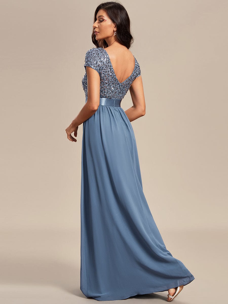 Empire Waist V-Neck Cap Sleeve Chiffon Evening Dress #color_Dusty Blue