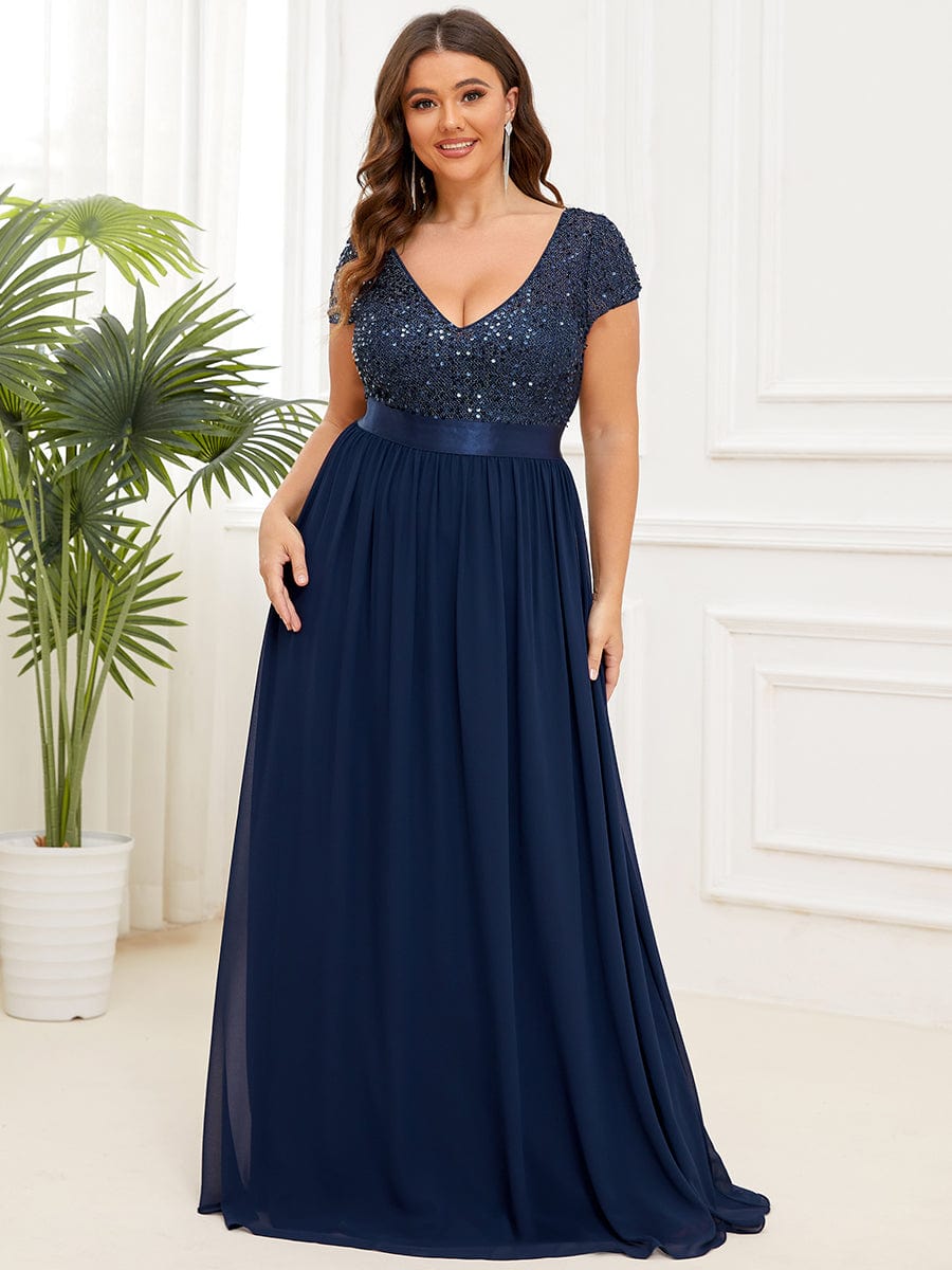 Plus Size Empire Waist V-Neck Cap Sleeve Chiffon Evening Dress #color_Navy Blue