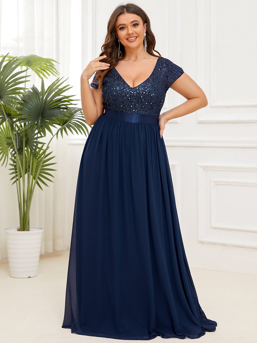 Plus Size Empire Waist V-Neck Cap Sleeve Chiffon Evening Dress #color_Navy Blue