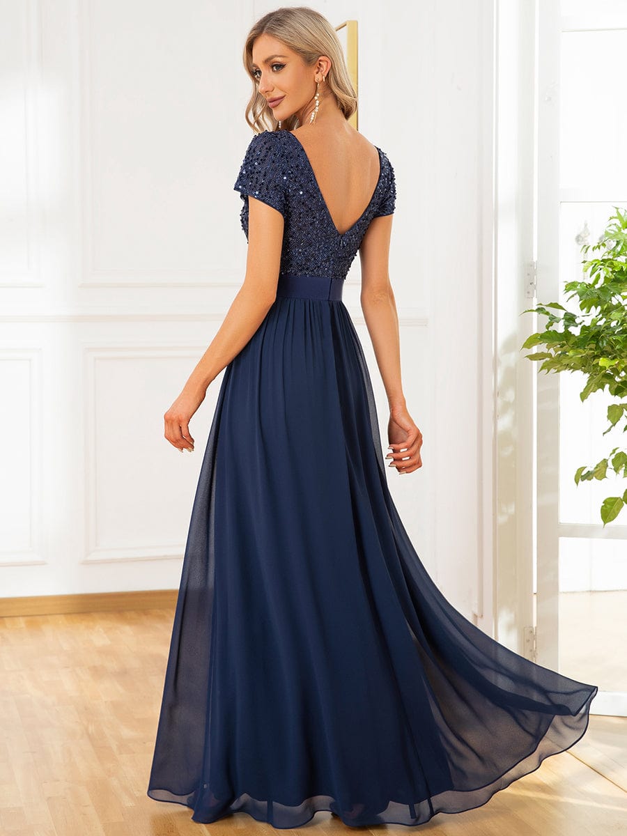 Empire Waist V-Neck Cap Sleeve Chiffon Evening Dress #color_Navy Blue