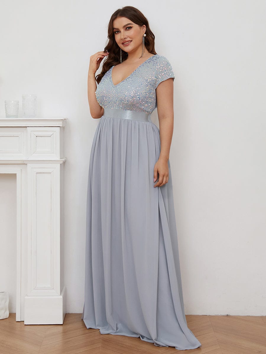 Plus Size Empire Waist V-Neck Cap Sleeve Chiffon Evening Dress #color_Silver