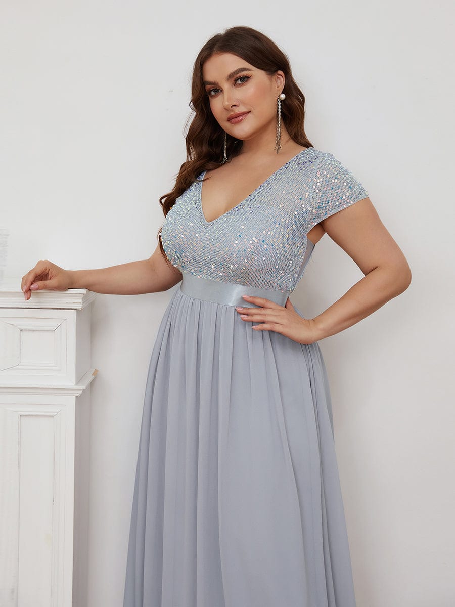 Plus Size Empire Waist V-Neck Cap Sleeve Chiffon Evening Dress #color_Silver