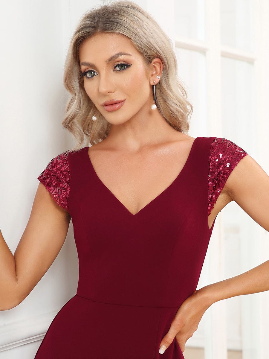 Sequin Cap Sleeve V-Neck A-Line Evening Dress #Color_Burgundy