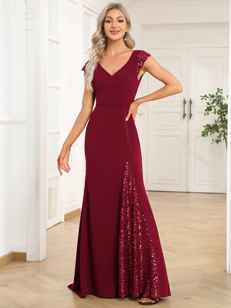 Sequin Cap Sleeve V-Neck A-Line Evening Dress #Color_Burgundy