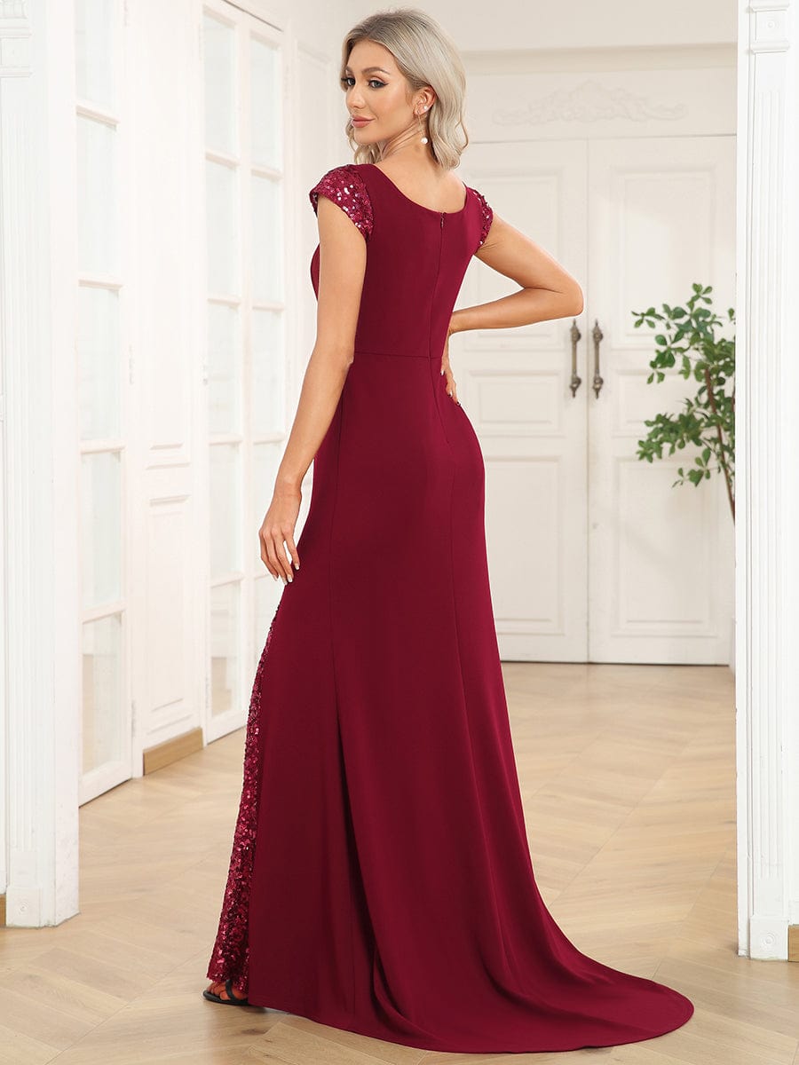 Sequin Cap Sleeve V-Neck A-Line Evening Dress #Color_Burgundy