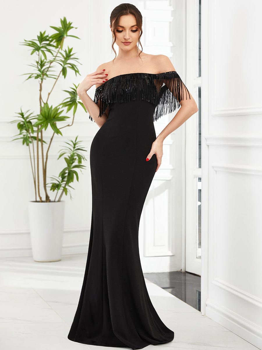 Off-Shoulder Beaded Fringe Bodycon Fishtail Evening Dress - Ever-Pretty US