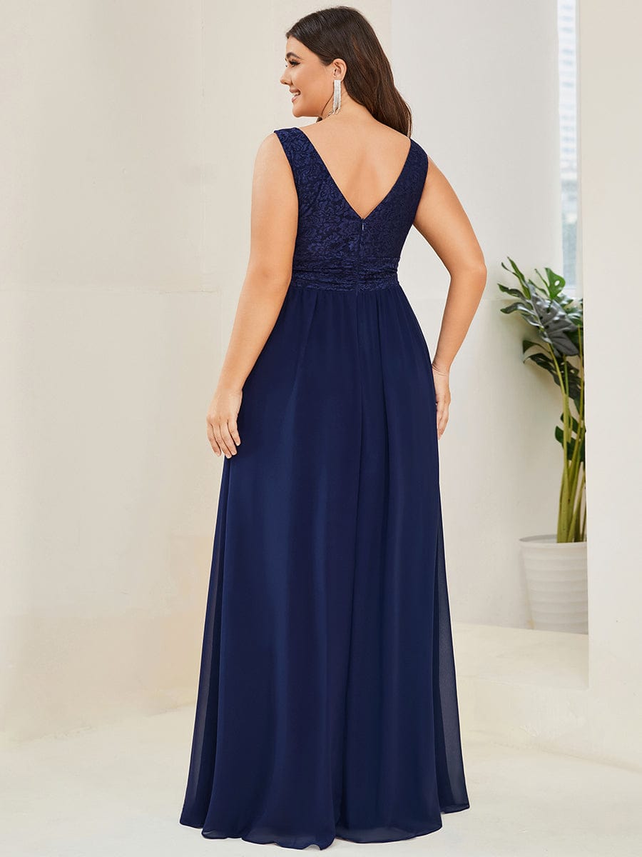 Lace Empire Waist V-Back Sleeveless Chiffon Evening Dress #color_Navy Blue