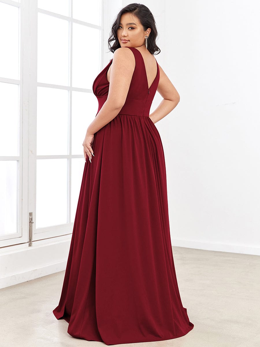 Sleeveless V-Neck Empire Waist High Slit Floor-Length Evening Dress #color_Burgundy 