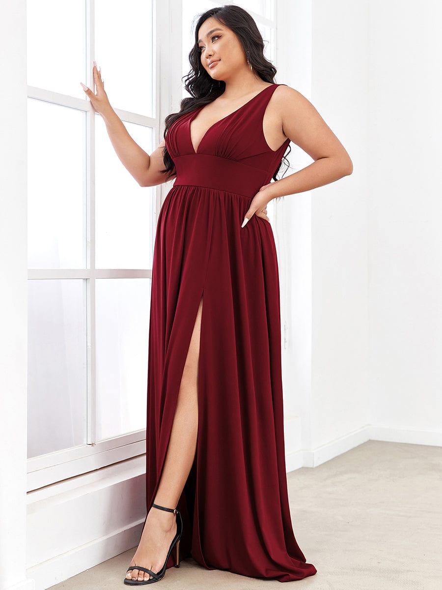 Sleeveless V-Neck Empire Waist High Slit Floor-Length Evening Dress #color_Burgundy 