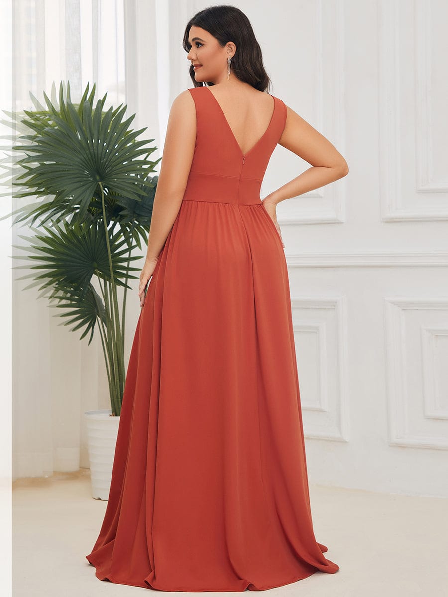 Plus Size Sleeveless V-Neck Empire Waist High Slit Floor-Length Evening Dress #color_Burnt Orange