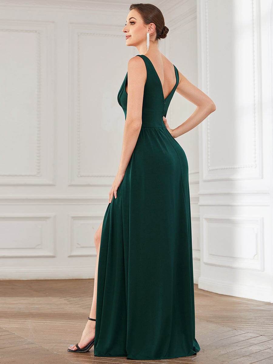 Sleeveless V-Neck Empire Waist High Slit Floor-Length Evening Dress #color_Dark Green