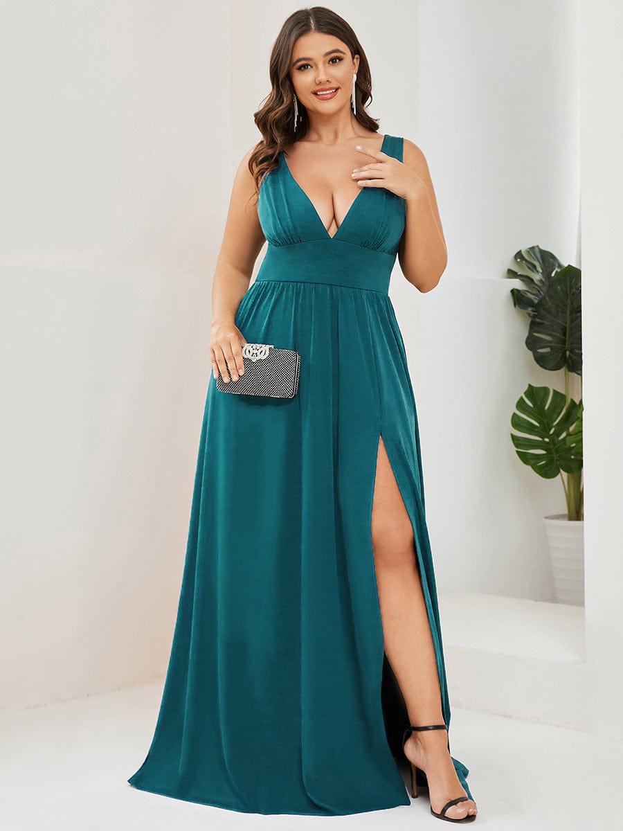 Sleeveless V-Neck Empire Waist High Slit Floor-Length Evening Dress #color_Teal