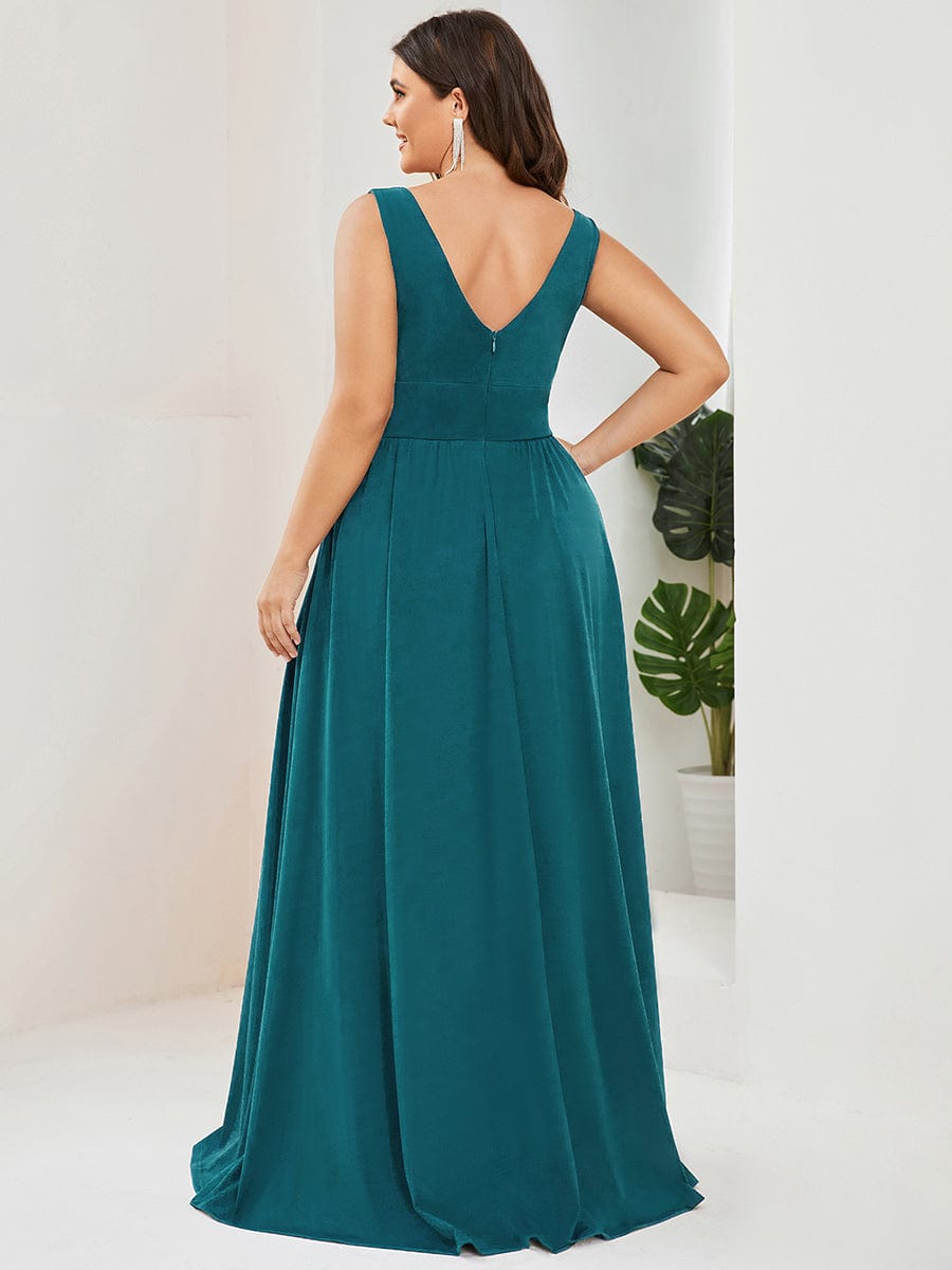 Sleeveless V-Neck Empire Waist High Slit Floor-Length Evening Dress #color_Teal