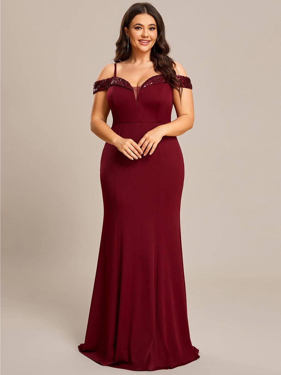 Stylish Plus Size Bodycon Deep V-Neck Sequin Evening Dress #color_Burgundy