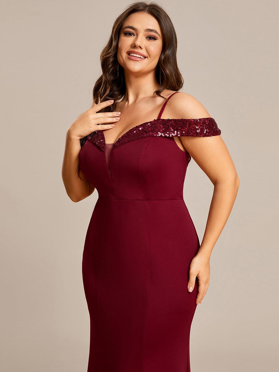 Stylish Plus Size Bodycon Deep V-Neck Sequin Evening Dress #color_Burgundy