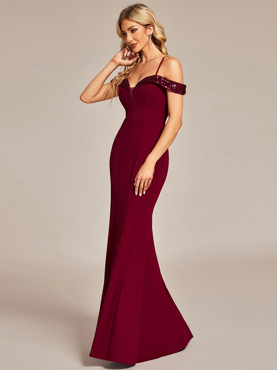 Elegant Sequin Bodycon Evening Dress with Spaghetti Straps #color_Burgundy