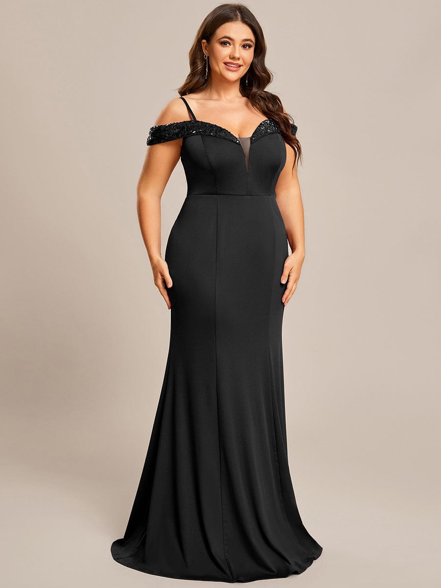 Stylish Plus Size Bodycon Deep V-Neck Sequin Evening Dress #color_Black